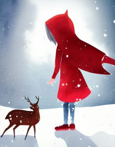 A watercolor painting of little girl with red hood facing backward standing next to a deer in the snow at night time