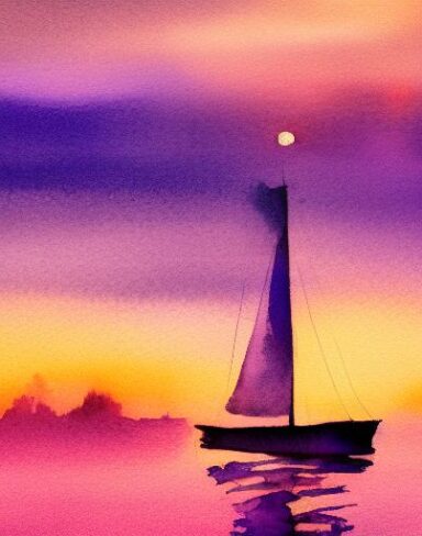 A watercolor painting of of a man standing on a sailboat in the ocean at sunset with a serene purple sky