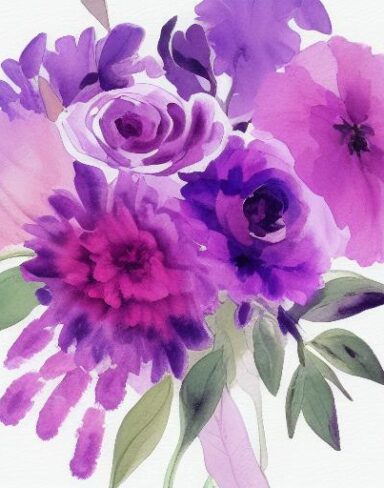 A watercolor painting of violet floral bouquet on a white background by Sydney Carline
