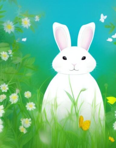 A white rabbit sitting in the middle of a forest in a serene moment with flowers and butterfly