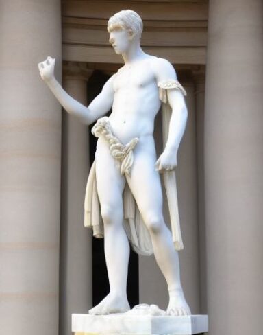 A white statue of a standing man