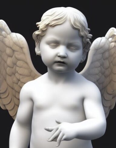 A white statue of angel baby with his wings