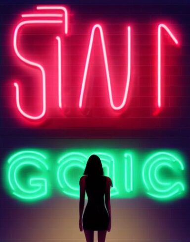 A woman standing in front of a neon sign