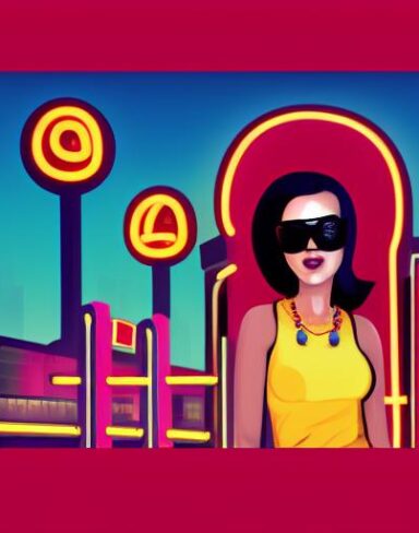 A woman standing in front of a neon sign