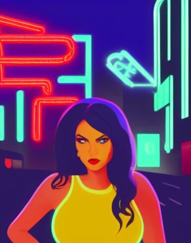 A woman standing in front of a neon sign
