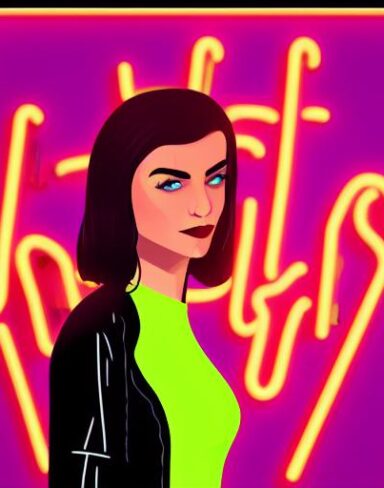 A woman standing in front of a neon sign