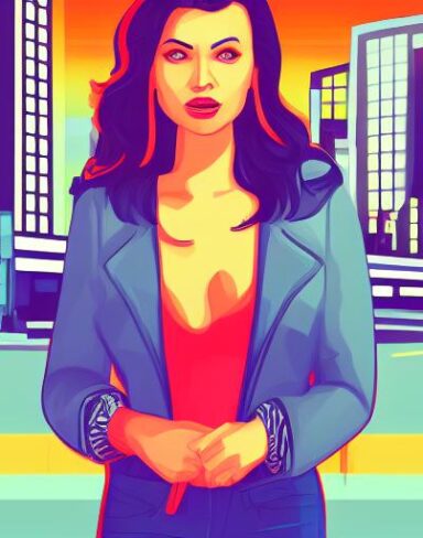 A woman standing in front of a neon sign