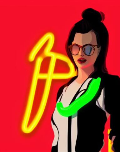 A woman standing in front of a neon sign