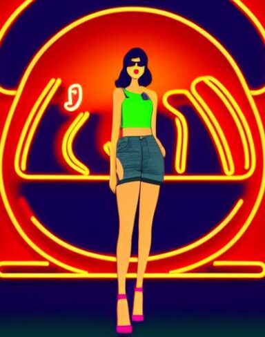A woman standing in front of a neon sign