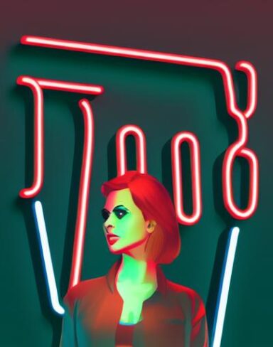 A woman standing in front of a neon sign