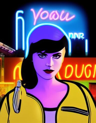 A woman standing in front of a neon sign