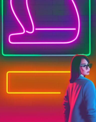 A woman standing in front of a neon sign