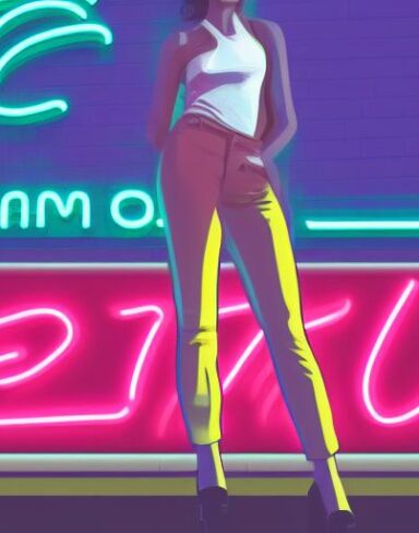 A woman standing in front of a neon sign