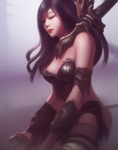 A woman that is sitting down with a sword