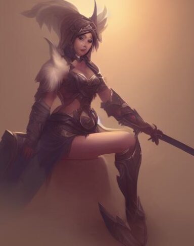 A woman that is sitting down with a sword