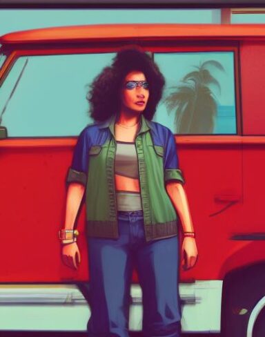 A woman that is standing in front of a van