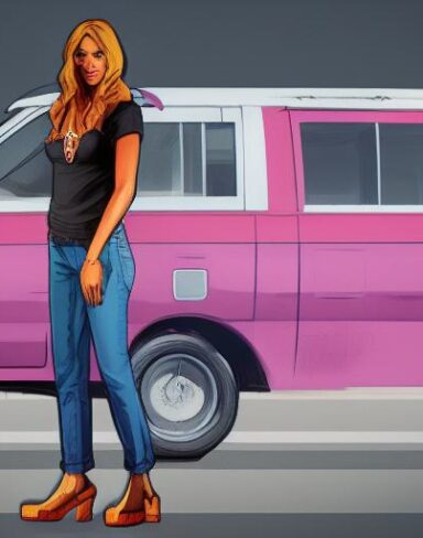 A woman that is standing in front of a van