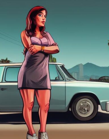 A woman that is standing in front of a van