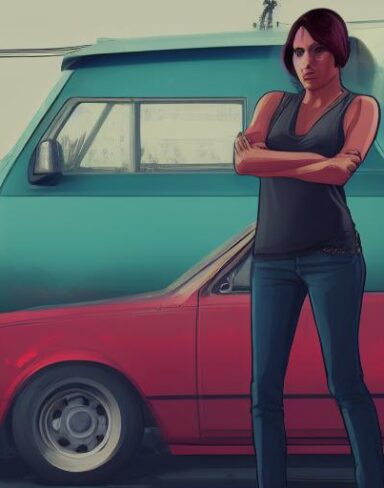 A woman that is standing in front of a van