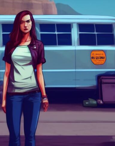 A woman that is standing in front of a van