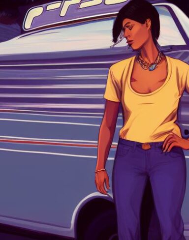 A woman that is standing in front of a van