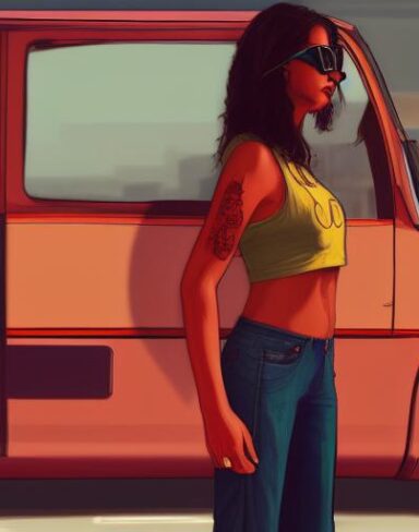 A woman that is standing in front of a van