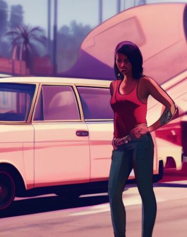A woman that is standing in front of a van
