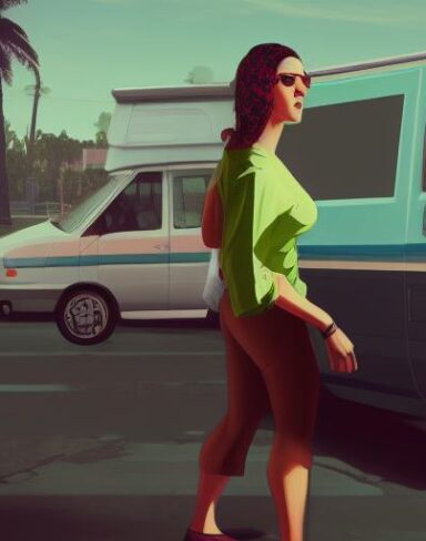 A woman that is standing in front of a van
