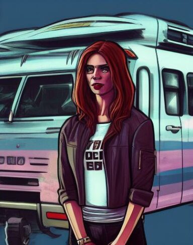 A woman that is standing in front of a van