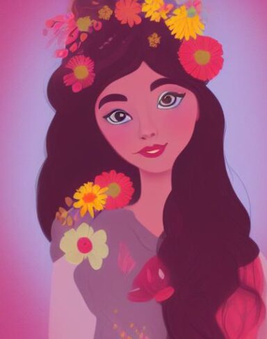 A woman with long hair and flowers in her hair