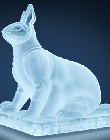 An ice sculpture of a rabbit sitting on a block of ice