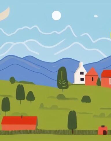 An illustration of a town with houses and also mountains in the background