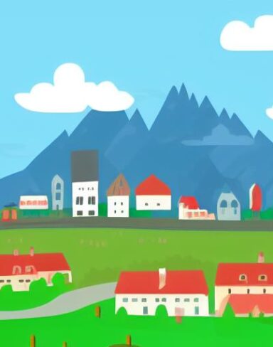 An illustration of a town with houses and also mountains in the background