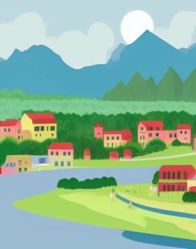 An illustration of a town with houses and mountains