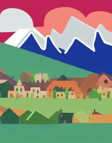 An illustration of a town with houses and mountains