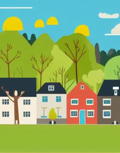 An illustration of a town with houses and trees in the background