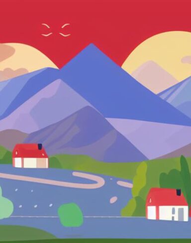 An illustration of a town with houses mountains in the background