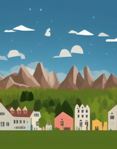 An illustration of a town with houses mountains in the background