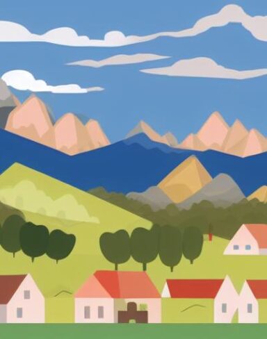 An illustration of a town with mountains in the background