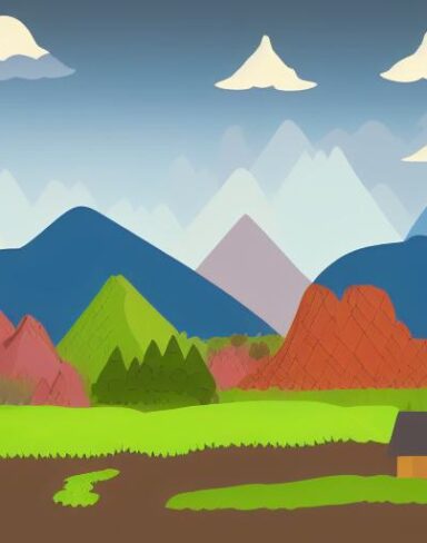 An illustration of a village with mountains