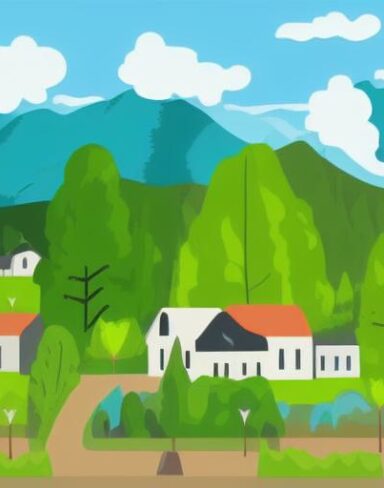 An illustration of a village with mountains and greenery in the background