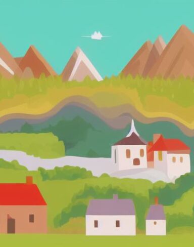 An illustration of a village with mountains and trees