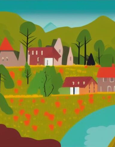 An illustration of a village with mountains and trees in the background