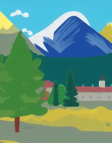 An illustration of a village with mountains and trees in the background