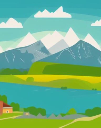 An illustration of a village with mountains in the background