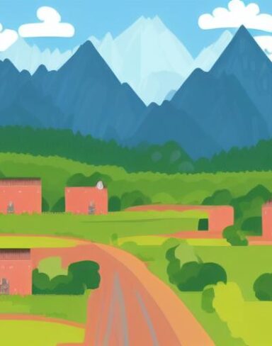 An illustration of a village with mountains in the background