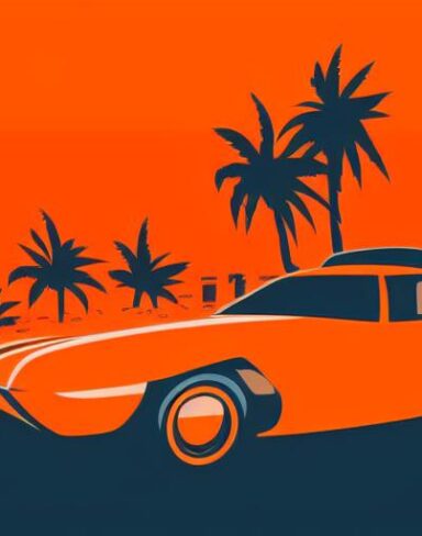 An orange car with several palm trees