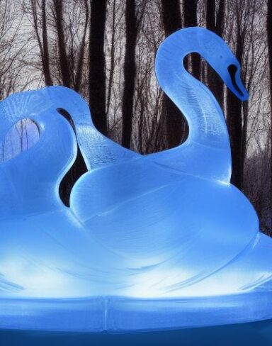 An tranquil ice sculpture of two glowing ice-made swans on a wave