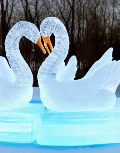 An tranquil ice sculpture of two sparkling ice-made swans on a wave