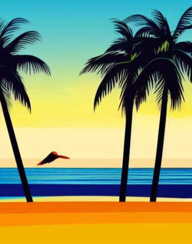 Beautiful sunset with some palm trees and birds